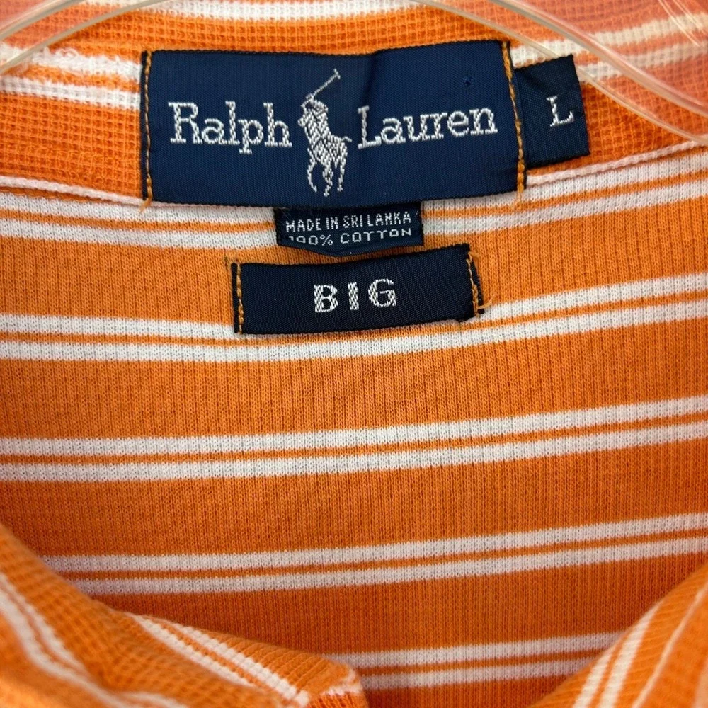 Ralph Lauren Mens Big Large Waffle Knit Polo Orange White Striped Shirt